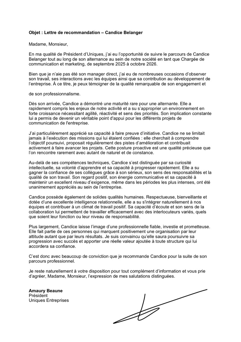 Aperçu de la lettre de recommandation d'Amaury Beaune