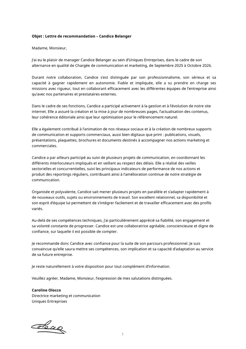 Aperçu de la lettre de recommandation de Caroline Olocco